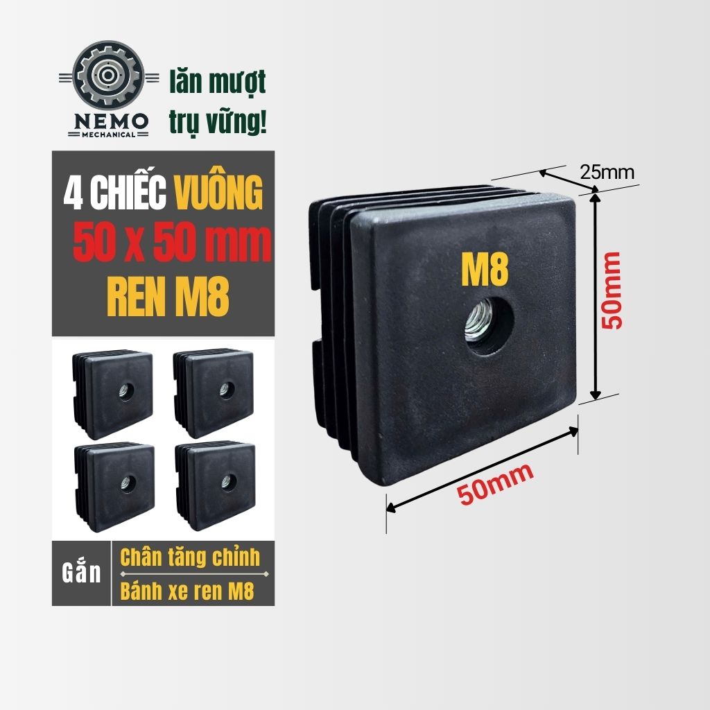 Nắp Chụp Thép Hộp Có Ren – Giải Pháp Lắp Chân Tăng Chỉnh & Bánh Xe Không Cần Hàn (M6, M8, M10)